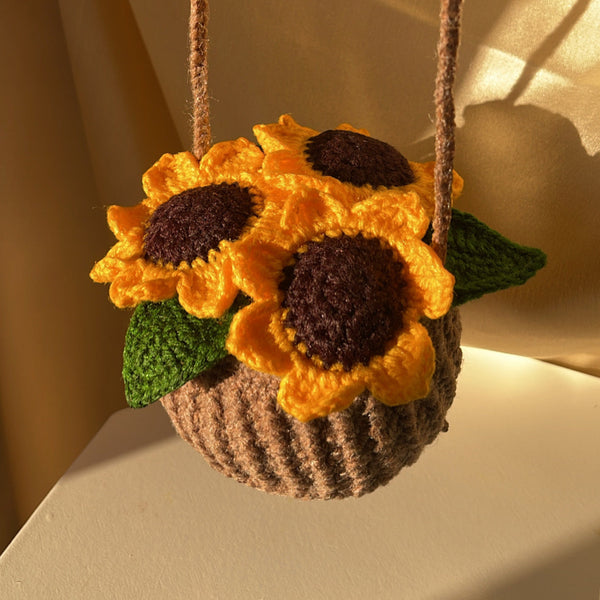 Sunflower mini car hanging basket - Crochet flowers